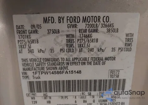 2006 Ford F-150 Fx4/Lariat/Xlt from USA, damaged, VIN 1FTPW14586FA15148